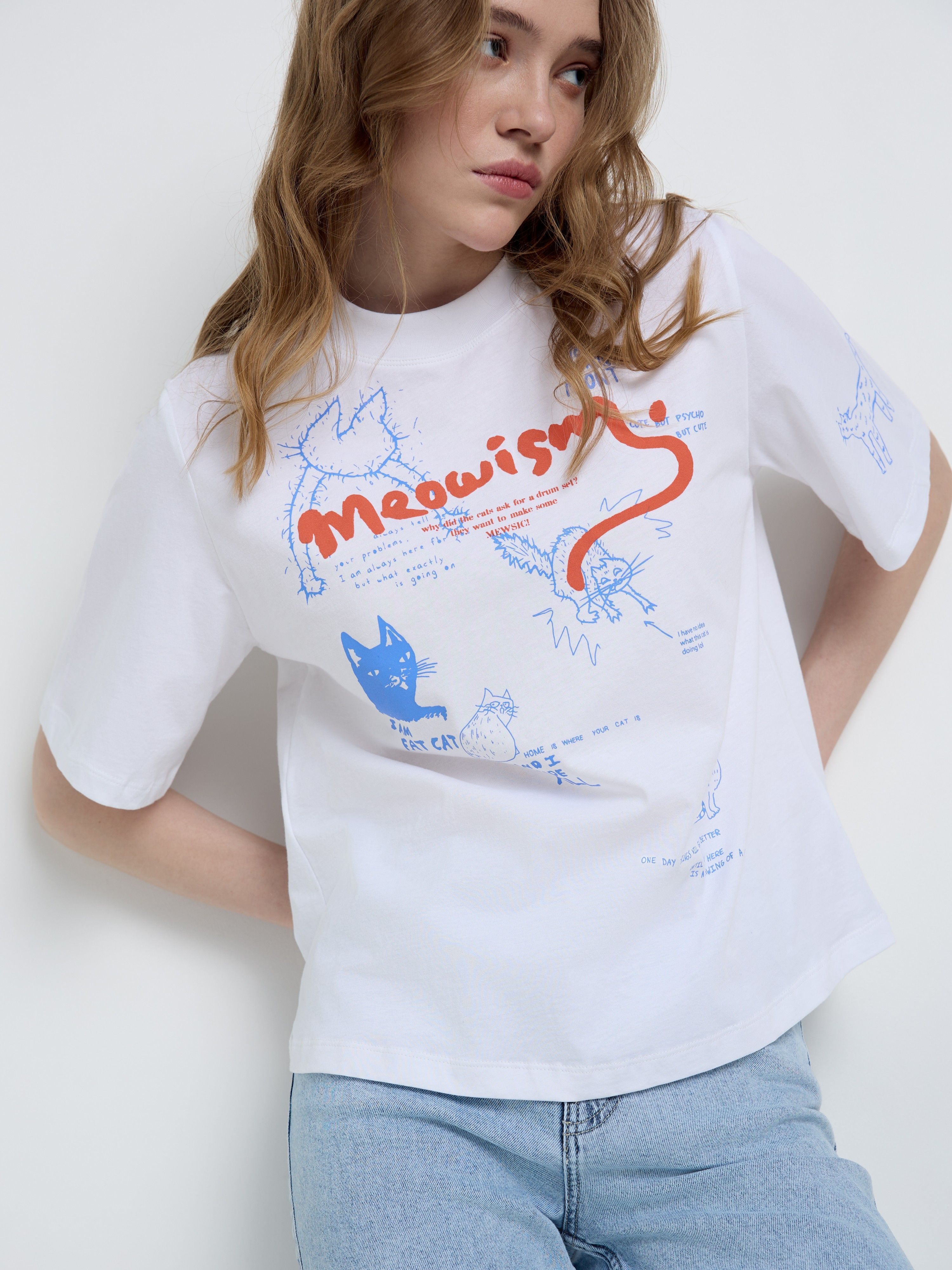 Свободная футболка из хлопка с рисунком «Mewoism» LD 2095 Conte ⭐️, цвет white, размер 170-100/xl