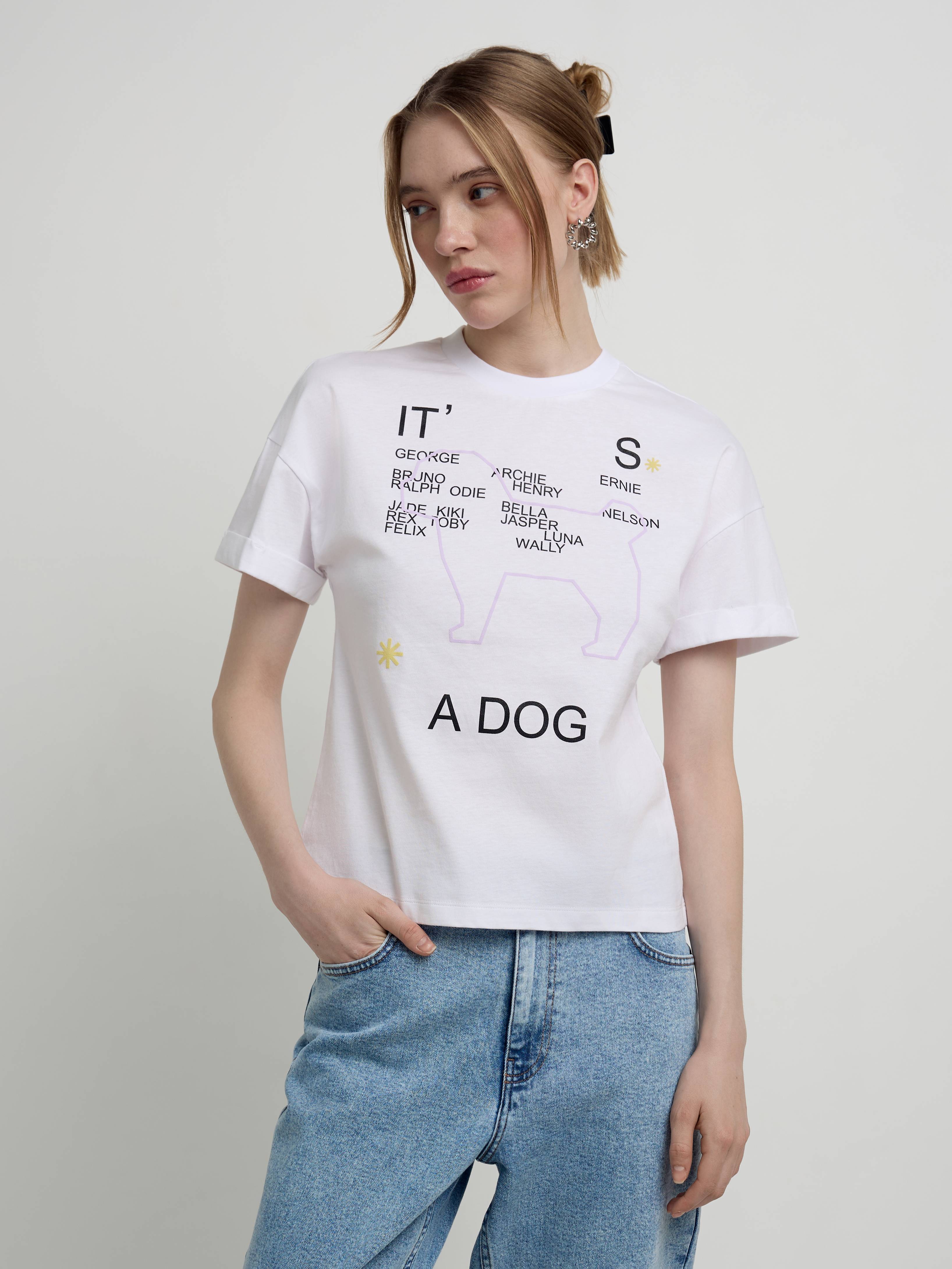 Свободная футболка с манжетами и рисунком «It’s a dog» LD 2113 Conte ⭐️, цвет white, размер 170-100/xl
