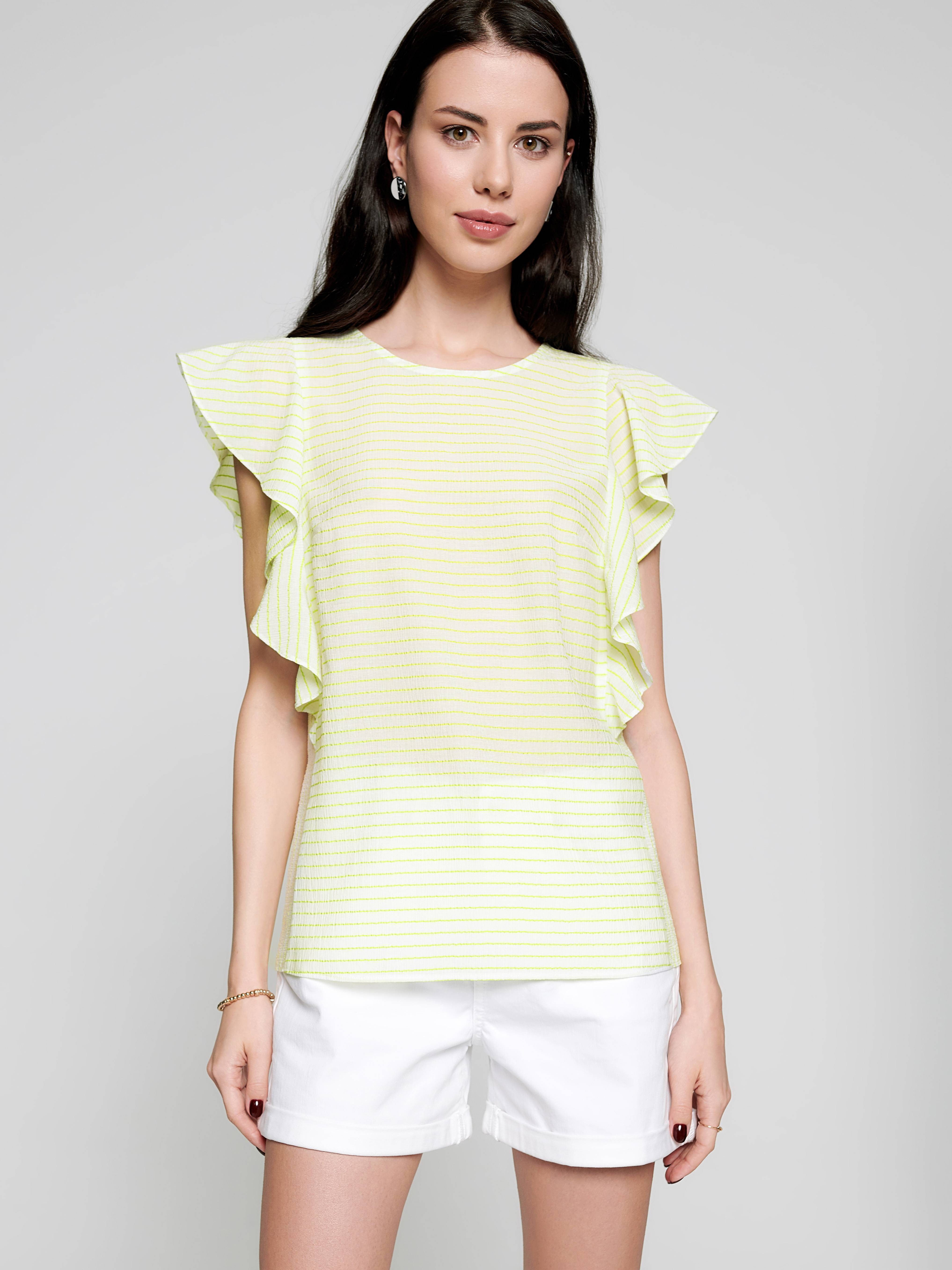 Блузка в полоску с широкими воланами LBL 1093 Conte ⭐️, цвет white-neo lime, размер 170-100-106 - фото 1