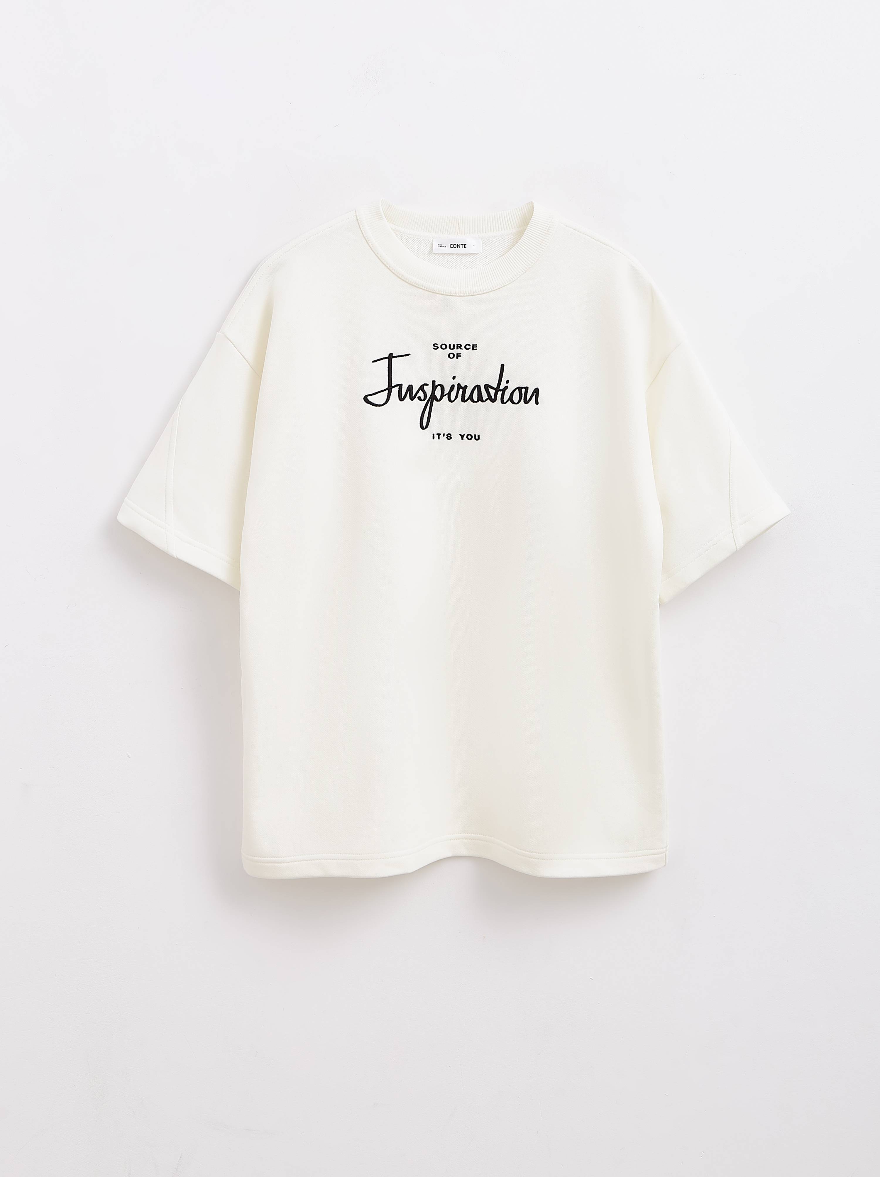 Удлиненная футболка из футера с вышивкой «Inspiration» LD 2446 Conte ⭐️, цвет off-white, размер 170-84/xs