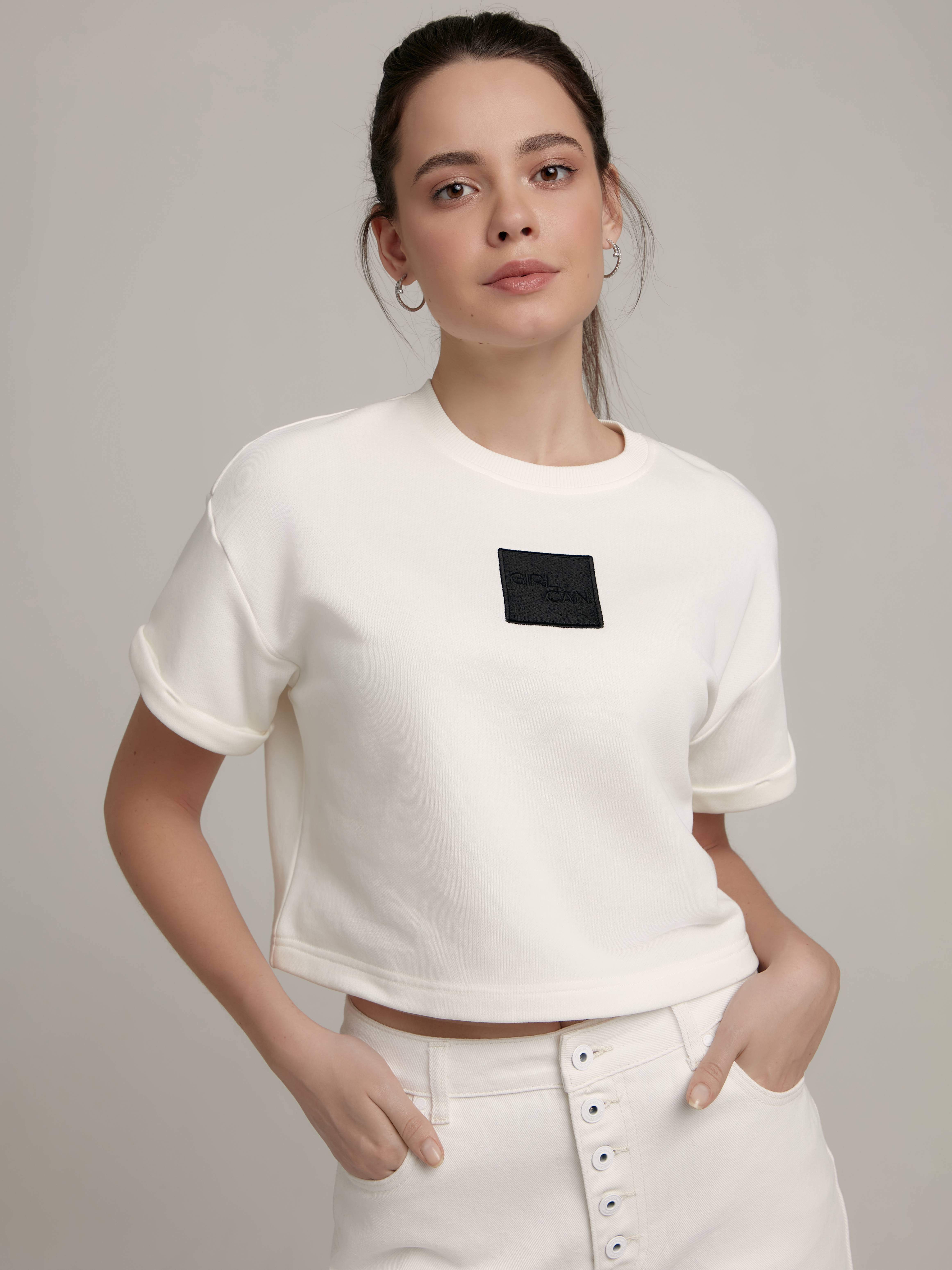 Укороченная футболка из футера c вышивкой «Girl can» LD 2287 Conte ⭐️, цвет off-white, размер 170-84/xs
