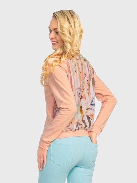 Джемпер женский с брошью и со вставкой из ткани с цветочным рисунком LD 704 персик