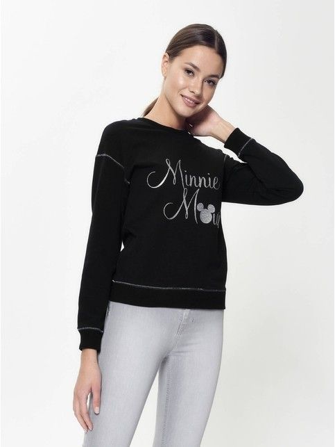 Хлопковый свитшот женский с мерцающей надписью ©Disney LD 949 королевского черного цвета - купить в интернет-магазине Conte