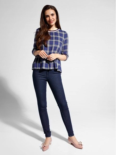 Блузка женская в клетку из вискозы премиального качества LBL 1049 темно-голубого цвета - купить в интернет-магазине Conte