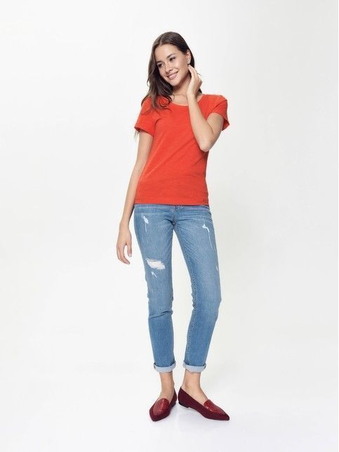 Хлопковая футболка женская с отложными манжетами LD 926 цвета оранжевого заката