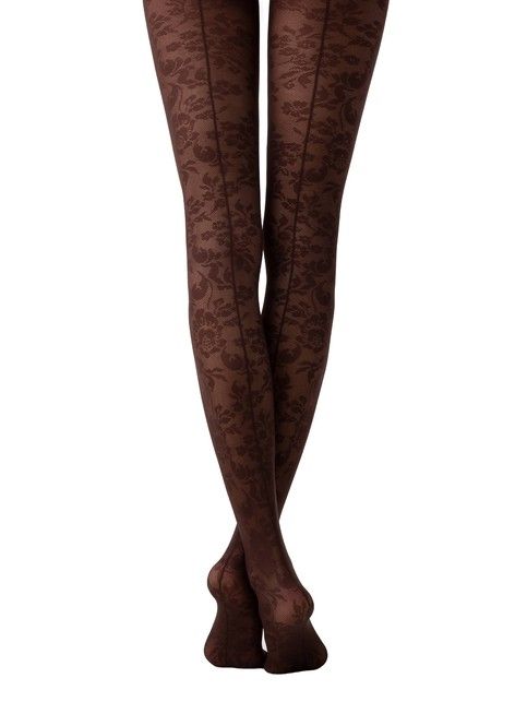 Колготки женские с имитацией шва сзади и цветочным рисунком LACE Lycra® шоколадного цвета