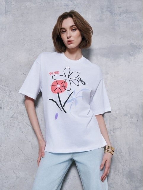 Удлиненная футболка из хлопка с разрезами по низу и рисунком «Flowers» LD 2712 - купить в интернет-магазине Conte