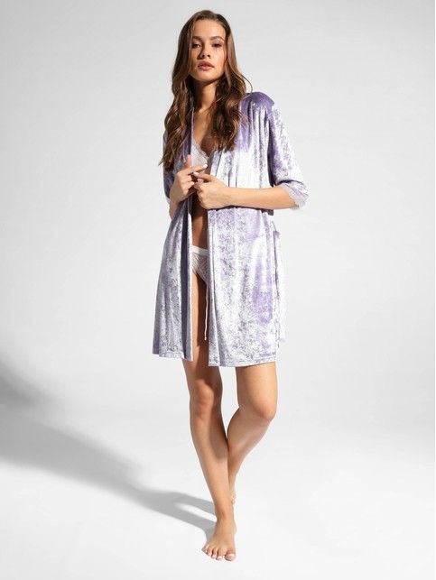 Велюровый халат женский для дома VELVET LOUNGEWEAR LHW 1006 серо-сиреневого цвета
