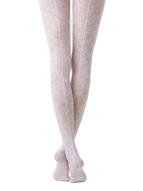 Колготки женские с имитацией шва сзади и цветочным рисунком LACE Lycra® бьянко цвета