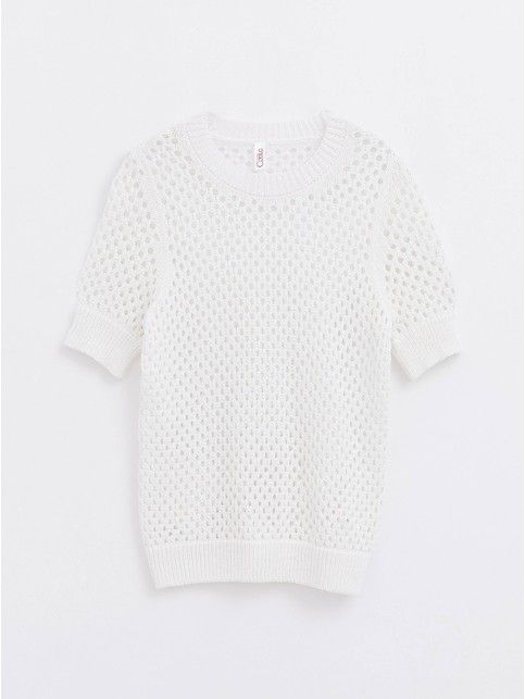 Фактурный джемпер женский в крупную сетку из пряжи с хлопком LDK 125 белого с оттенком цвета - купить в интернет-магазине Conte