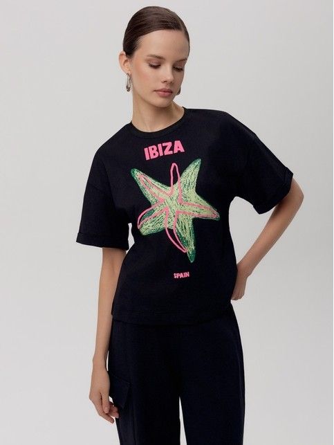 Футболка из хлопка с манжетами по рукавам и рисунком "Ibiza" LD 2680 - купить в интернет-магазине Conte