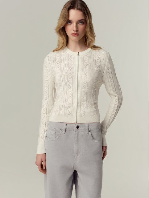 Укороченный жакет в сердечки на молнии из пряжи с вискозой LDK2575 - купить в интернет-магазине Conte