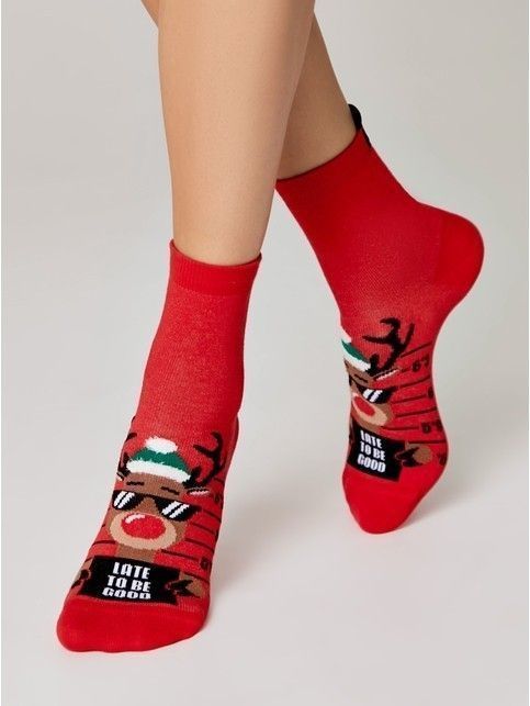 Новогодние носки с пушистым рисунком «Late to be good»