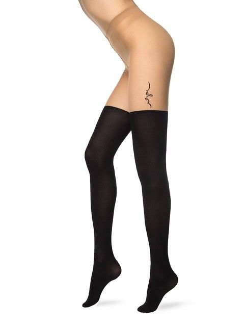 Колготки женские с тату-рисунком и имитацией гольфинов LOVELY Lycra® неро-бронзового цвета