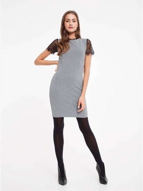 Платье-футляр с металлическим блеском и рукавами из кружева 849