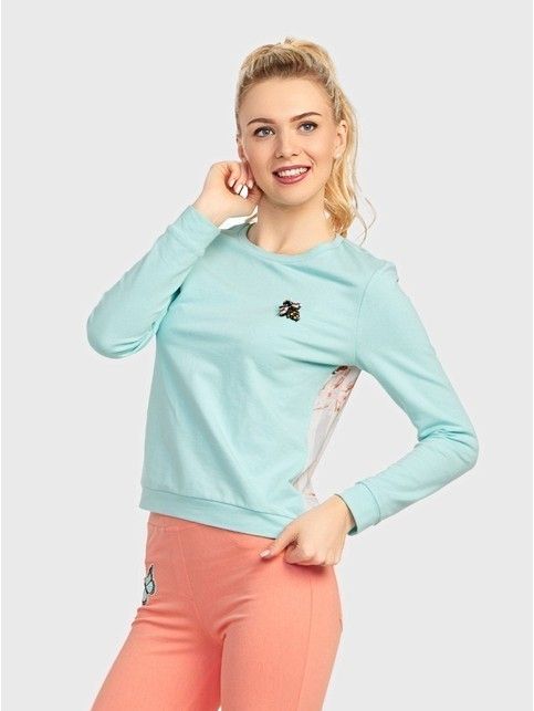 Джемпер женский с брошью и со вставкой из ткани с цветочным рисунком LD 704 бирюза